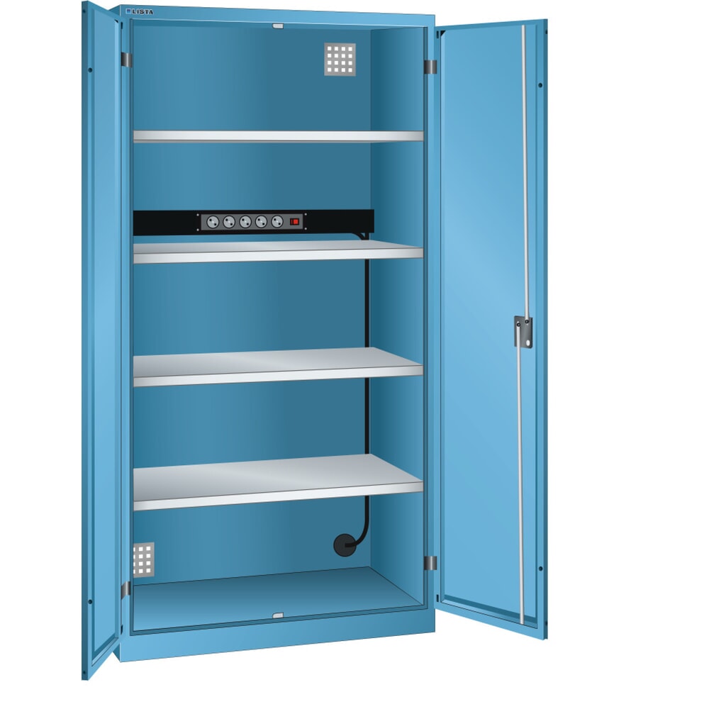 Armoire à casiers LISTA avec prises électriques, (lxPxH) 1 000x580x1 950 mm, 1 bloc multiprises sur paroi arrière, bleu clair Illustration du produit: Armoire à casiers LISTA avec prises électriques, (lxPxH) 1 000x580x1 950 mm, 1 bloc multiprises sur paroi arrière, bleu clair