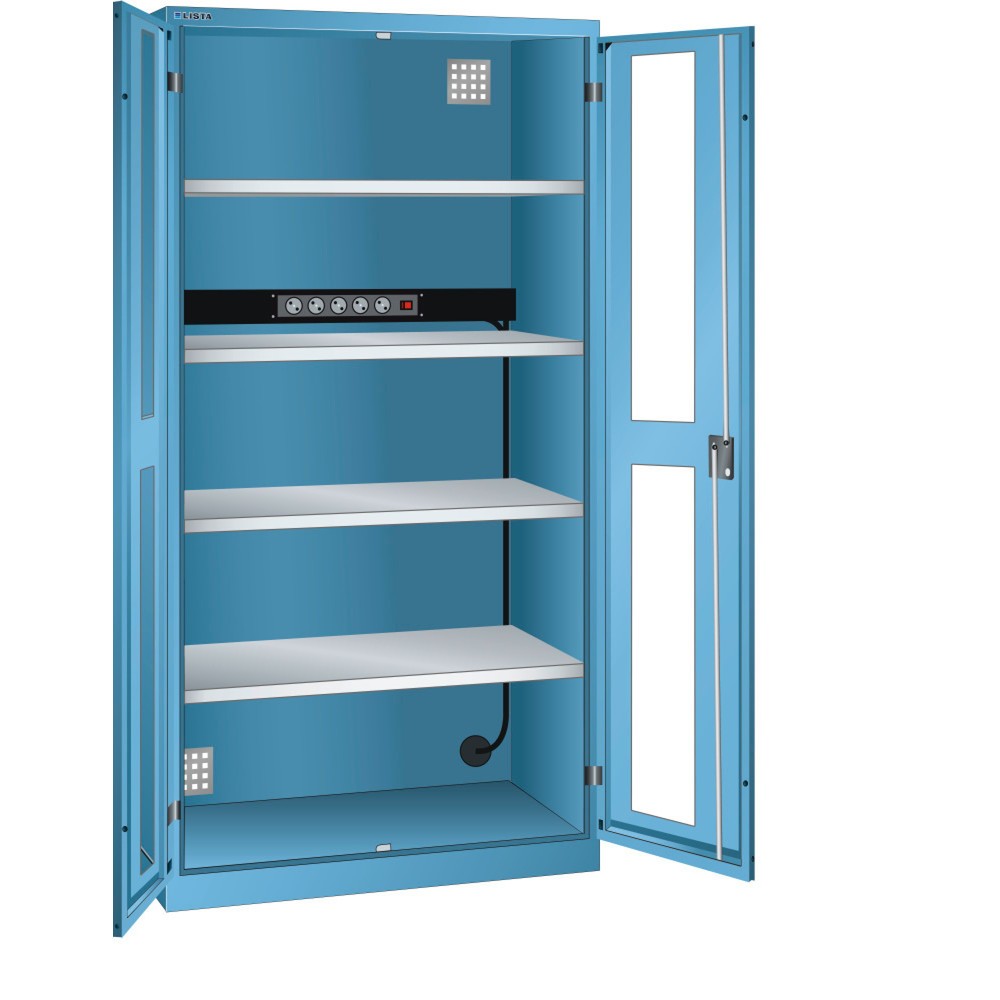 Illustration du produit: Armoire à casiers LISTA avec prises électriques, (lxPxH) 1 000x580x1 950 mm, 1 bloc multiprises sur paroi arrière, vitres transparentes, bleu clair