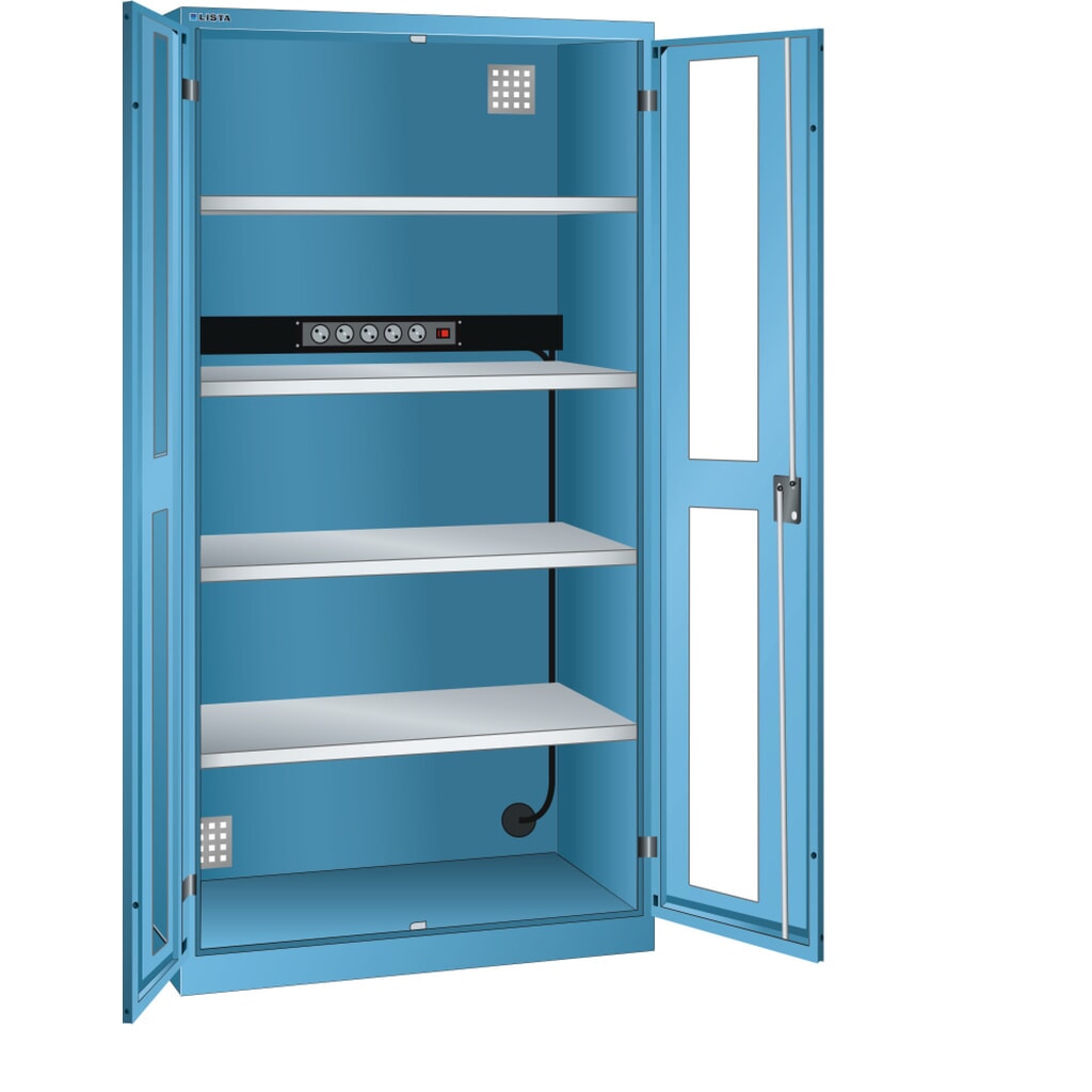 Illustration du produit: Armoire à casiers LISTA avec prises électriques, (lxPxH) 1 000x580x1 950 mm, 1 bloc multiprises sur paroi arrière, vitres transparentes, bleu clair