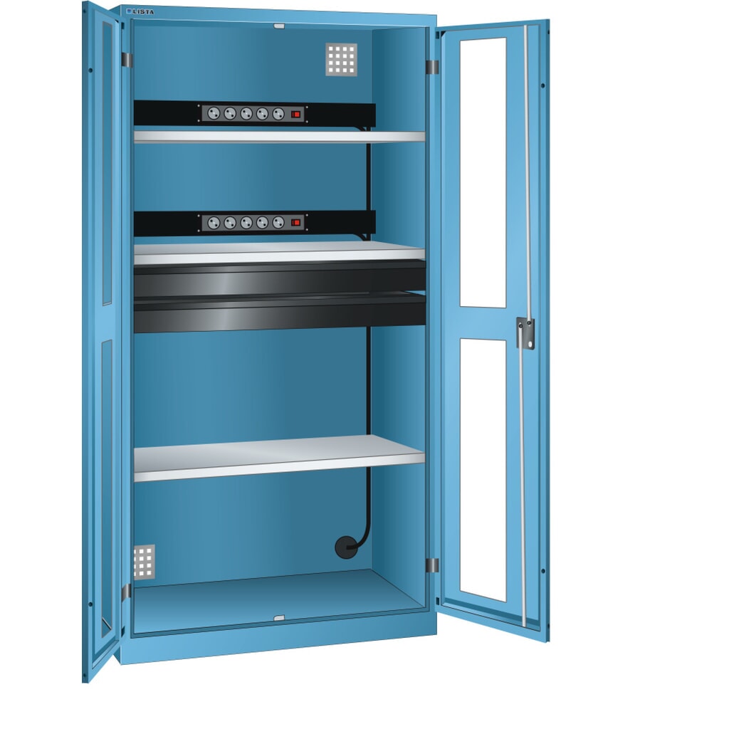 Armoire à casiers LISTA avec prises électriques, (lxPxH) 1 000x580x1 950 mm, 2 blocs multiprises, 2 tiroirs, bleu clair Illustration du produit: Armoire à casiers LISTA avec prises électriques, (lxPxH) 1 000x580x1 950 mm, 2 blocs multiprises, 2 tiroirs, bleu clair
