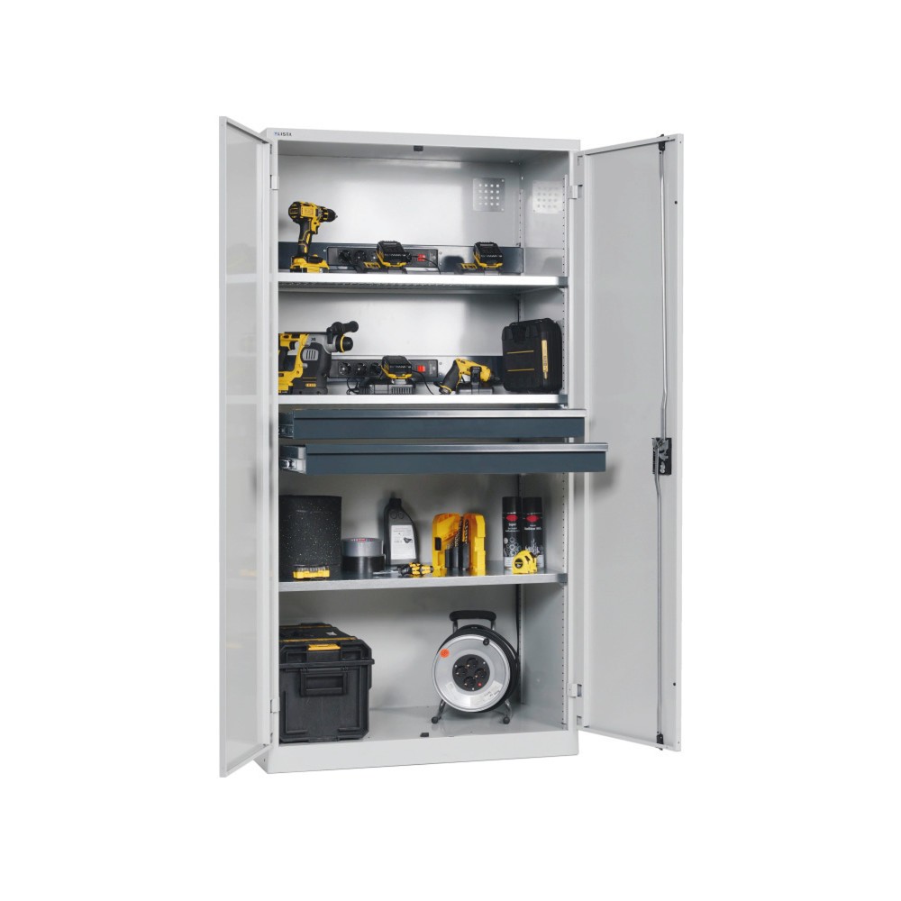 Illustration du produit: Armoire à casiers LISTA avec prises électriques, (lxPxH) 1 000x580x1 950 mm, 2 blocs multiprises sur paroi arrière, 2 tiroirs, gris clair