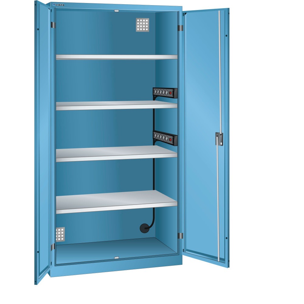 Illustration du produit: Armoire à casiers LISTA avec prises électriques, (lxPxH) 1 000x580x1 950 mm, 2 blocs multiprises sur paroi latérale, bleu clair