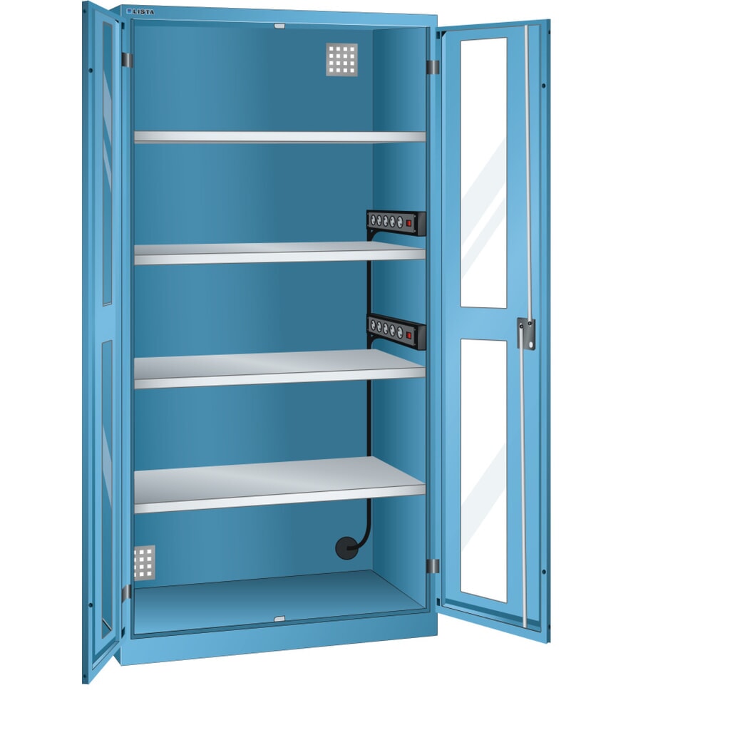 Illustration du produit: Armoire à casiers LISTA avec prises électriques, (lxPxH) 1 000x580x1 950 mm, 2 blocs multiprises sur paroi latérale, vitres transparentes, bleu clair