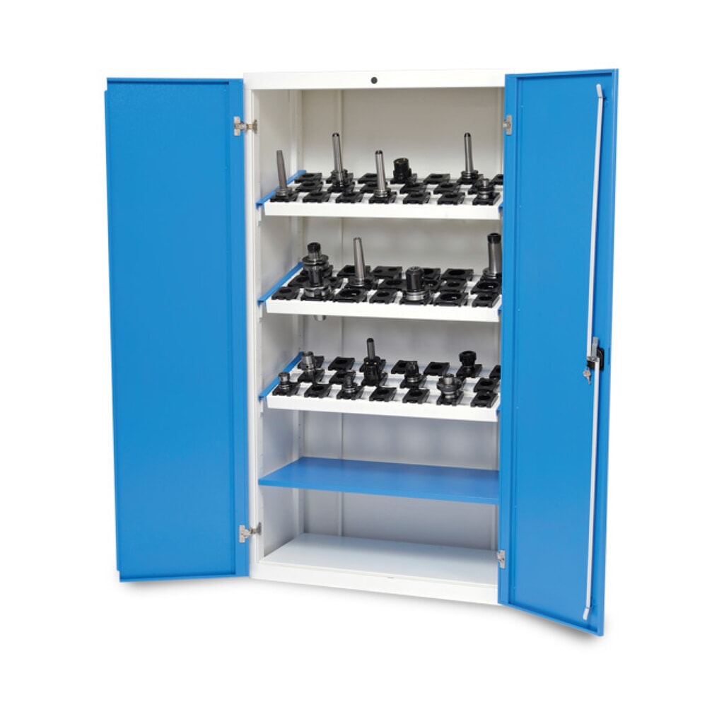 Illustration du produit: Armoire à portes battantes CNC Bedrunka+Hirth, H x l x P 1 838 x 980 x 500 mm, gris clair, bleu clair, avec 3 cadres porte-outils CNC