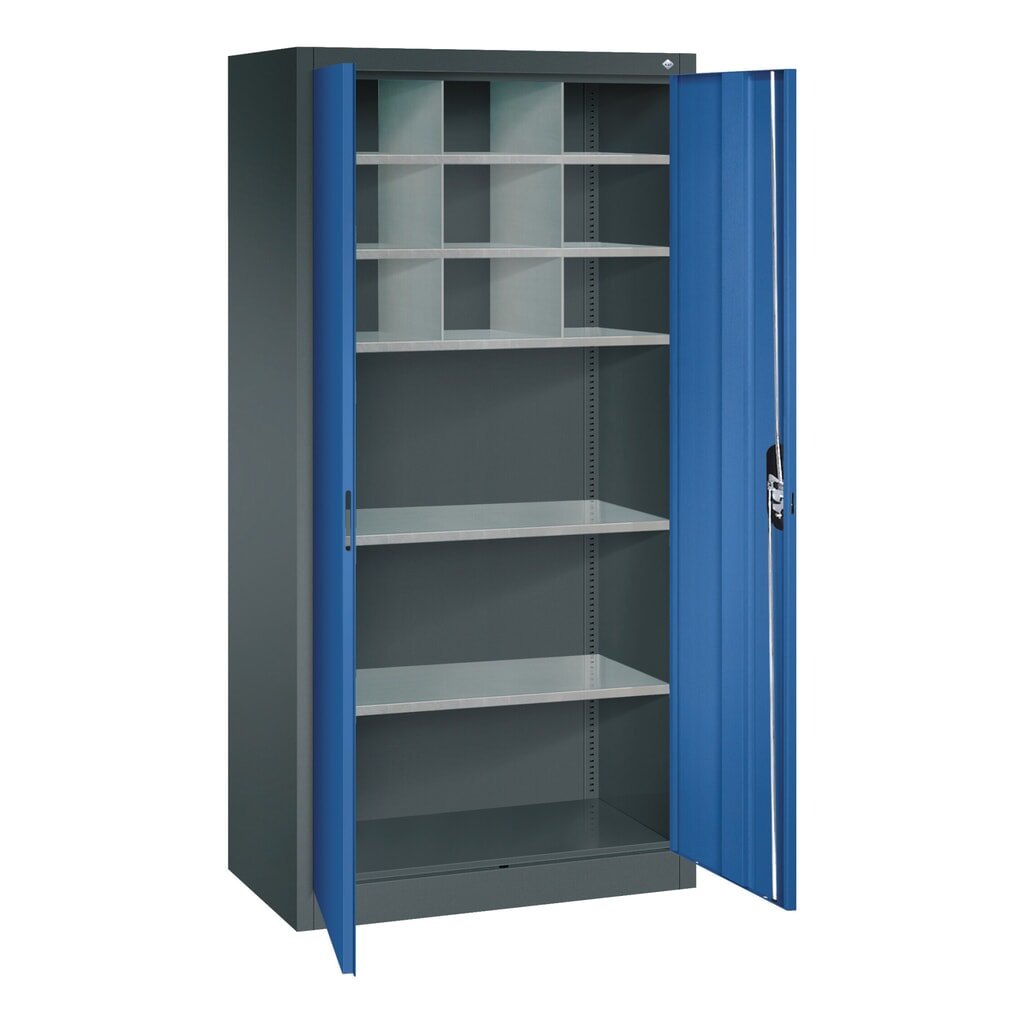 N° de l'image du produit 5 : Armoire à portes battantes d’atelier C+P avec paroi centrale + 8 tablettes, H x l x P 1 950 x 930 x 500 mm, gris clair, bleu gentiane