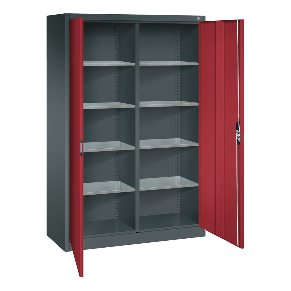 N° de l'image du produit 4 : Armoire à portes battantes d’atelier C+P avec paroi centrale + 8 tablettes, H x l x P 1 950 x 1 200 x 500 mm, gris anthracite, rouge rubis