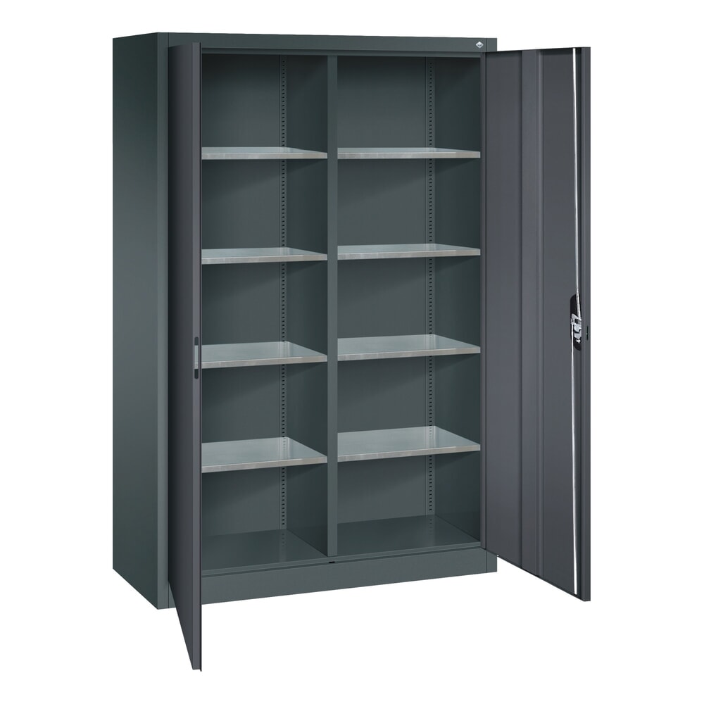 N° de l'image du produit 4 : Armoire à portes battantes d’atelier C+P avec paroi centrale + 8 tablettes, H x l x P 1 950 x 1 200 x 500 mm, gris anthracite, gris noir