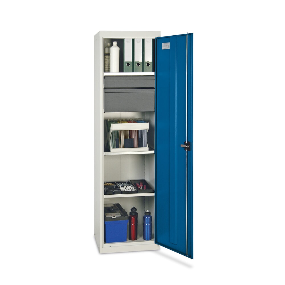 Illustration du produit: Armoire à portes battantes d’atelier stumpf® avec 2 tiroirs + 3 bacs, H x l x P 1 800 x 500 x 500 mm, gris clair