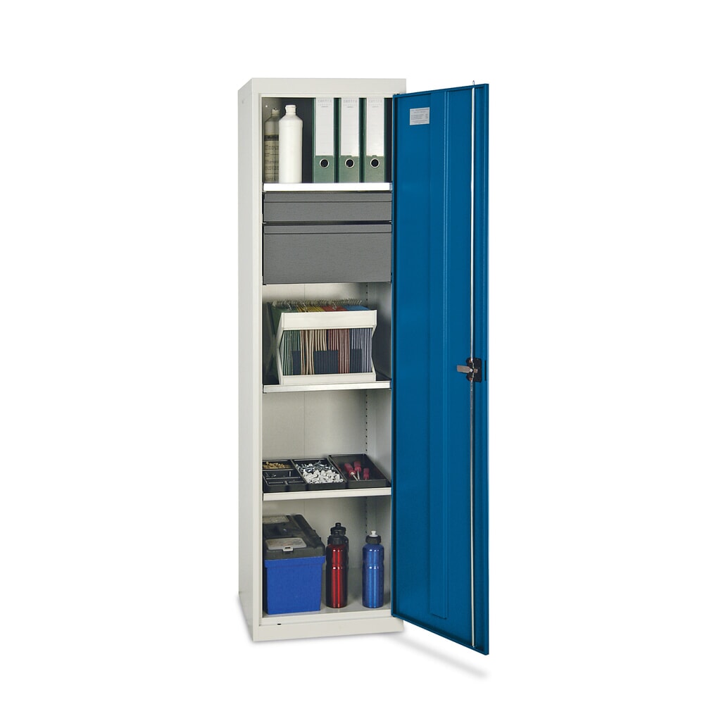 Illustration du produit: Armoire à portes battantes d’atelier stumpf® avec 2 tiroirs + 3 bacs, H x l x P 1 800 x 500 x 500 mm, gris clair