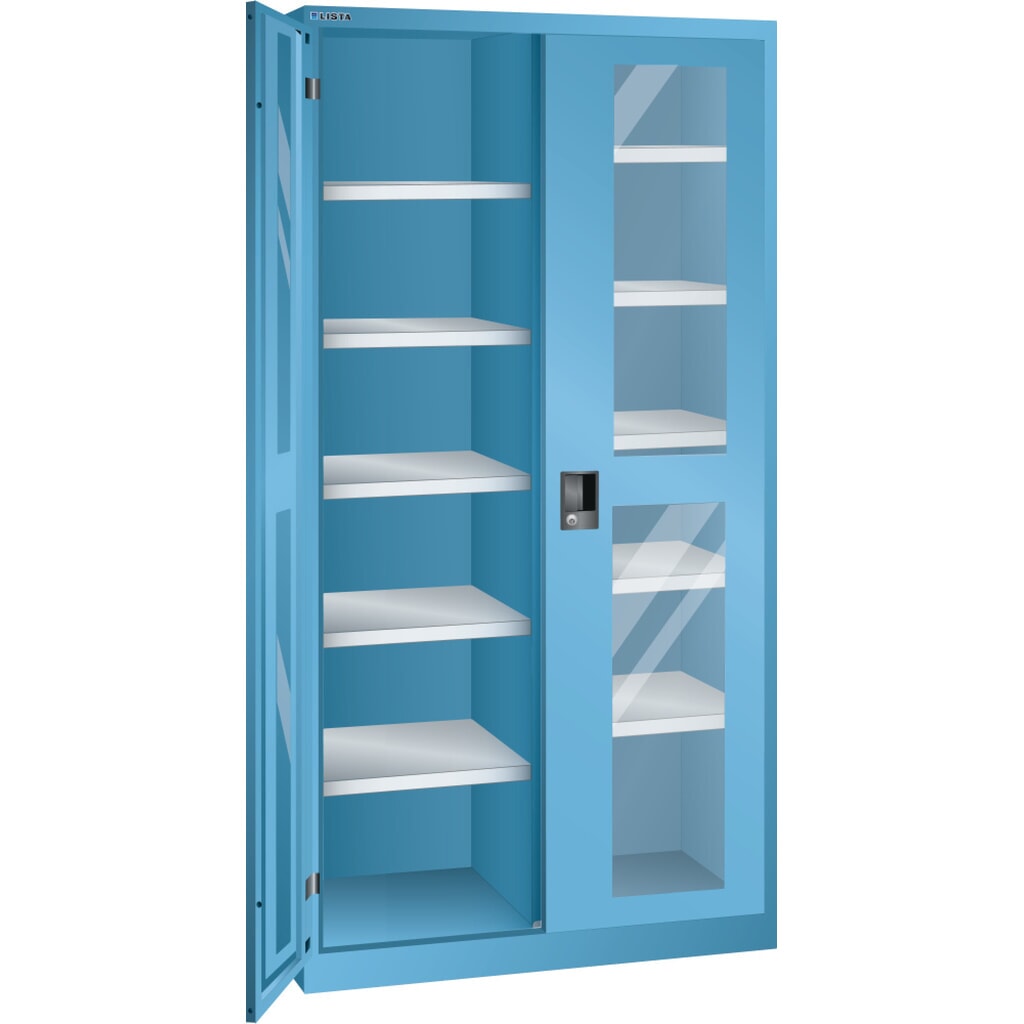 Armoire à portes battantes LISTA avec vitres transparentes, (lxPxH) 1 000x500x1 950 mm, 10 étagères réglables, bleu clair, KEY Lock Illustration du produit: Armoire à portes battantes LISTA avec vitres transparentes, (lxPxH) 1 000x500x1 950 mm, 10 étagères réglables, bleu clair, KEY Lock