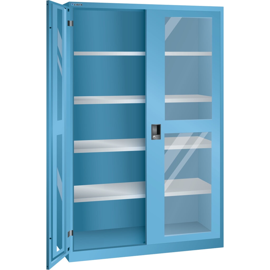 Illustration du produit: Armoire à portes battantes LISTA avec vitres transparentes, (lxPxH) 1 250x500x1 950 mm, 4 étagères réglables, bleu clair, KEY Lock
