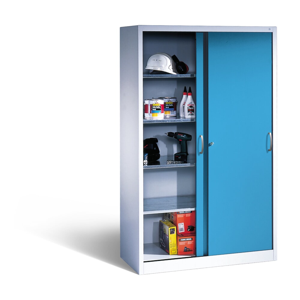 N° de l'image du produit 4 : Armoire à portes coulissantes d’atelier C+P avec 4 tablettes, H x l x P 1 950 x 1 200 x 400 mm, gris clair, bleu clair
