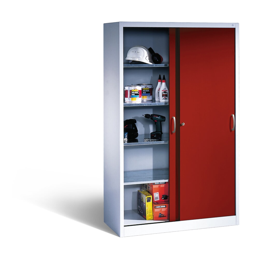 N° de l'image du produit 4 : Armoire à portes coulissantes d’atelier C+P avec 4 tablettes, H x l x P 1 950 x 1 200 x 400 mm, gris clair, rouge rubis