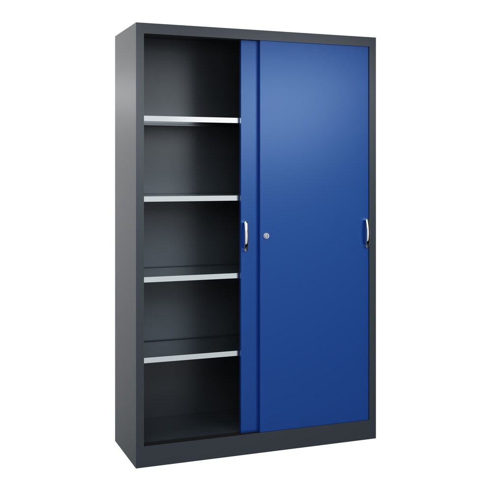 N° de l'image du produit 3 : Armoire à portes coulissantes d’atelier C+P avec 4 tablettes, H x l x P 1 950 x 1 200 x 400 mm, gris anthracite, bleu gentiane