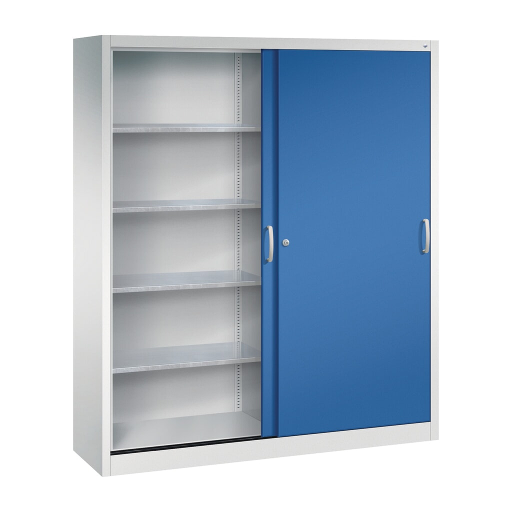 N° de l'image du produit 3 : Armoire à portes coulissantes d’atelier C+P avec 8 tablettes, H x l x P 1 950 x 1 600 x 400 mm, cloison de séparation, gris clair, bleu gentiane