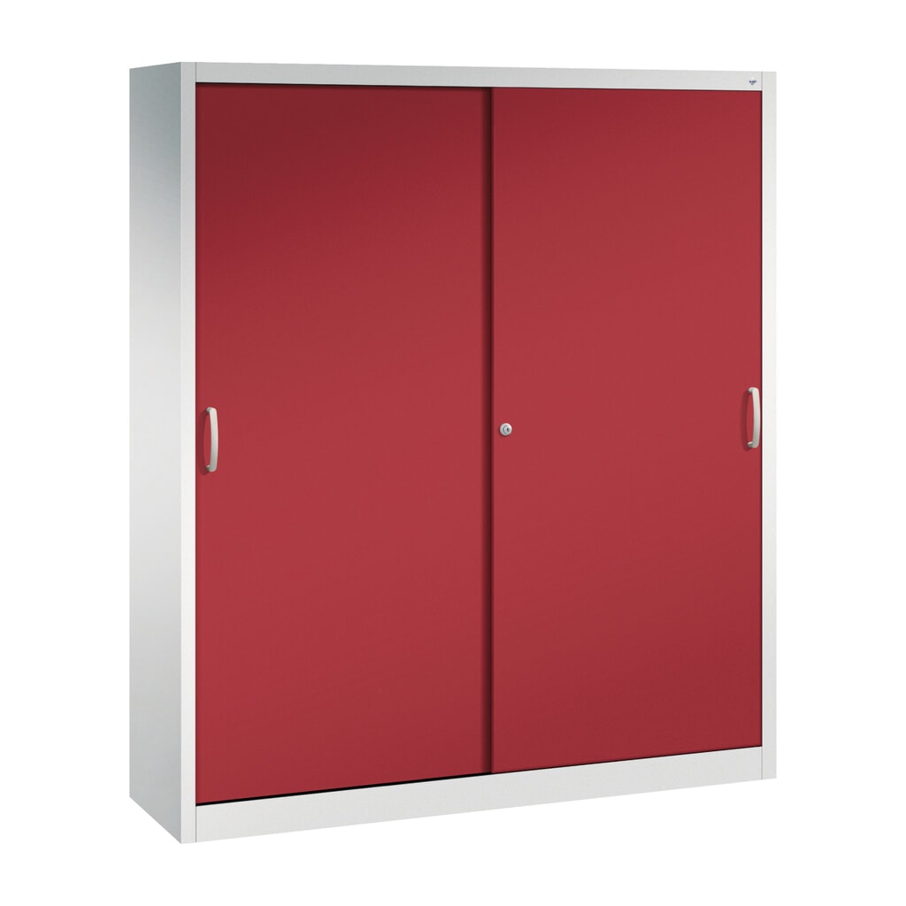 Armoire à portes coulissantes d’atelier C+P avec 8 tablettes, H x l x P 1 950 x 1 600 x 400 mm, cloison de séparation, gris clair, rouge rubis Illustration du produit: Armoire à portes coulissantes d’atelier C+P avec 8 tablettes, H x l x P 1 950 x 1 600 x 400 mm, cloison de séparation, gris clair, rouge rubis