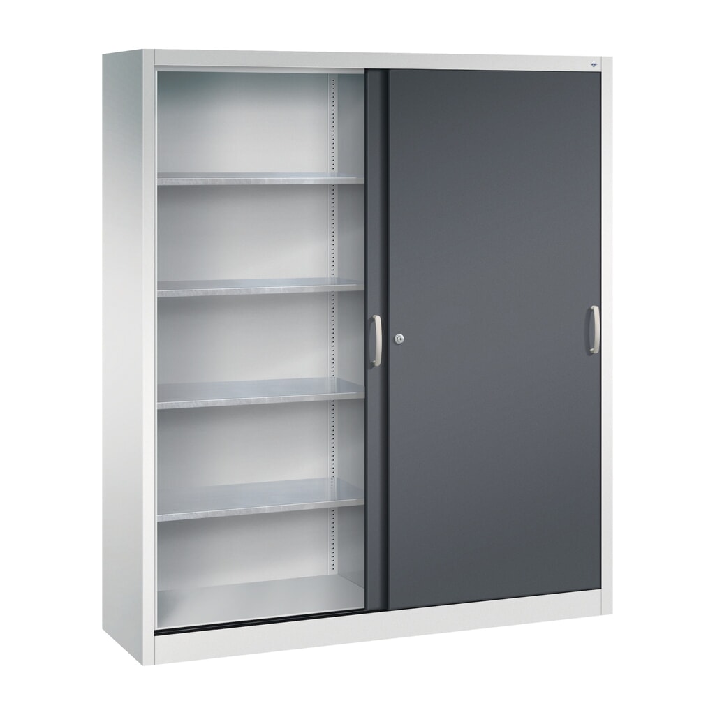 N° de l'image du produit 3 : Armoire à portes coulissantes d’atelier C+P avec 8 tablettes, H x l x P 1 950 x 1 600 x 400 mm, cloison de séparation, gris clair, gris noir