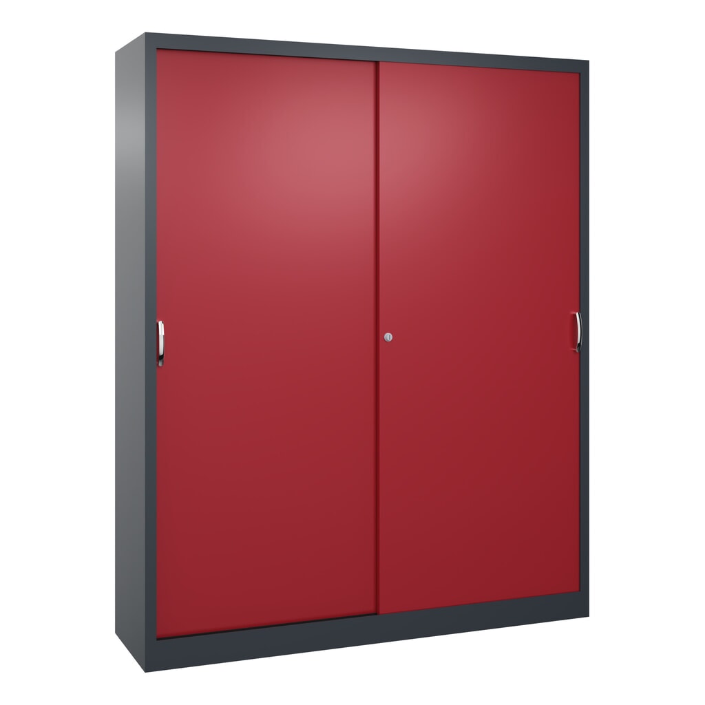Illustration du produit: Armoire à portes coulissantes d’atelier C+P avec 8 tablettes, H x l x P 1 950 x 1 600 x 400 mm, cloison de séparation, gris anthracite, rouge rubis
