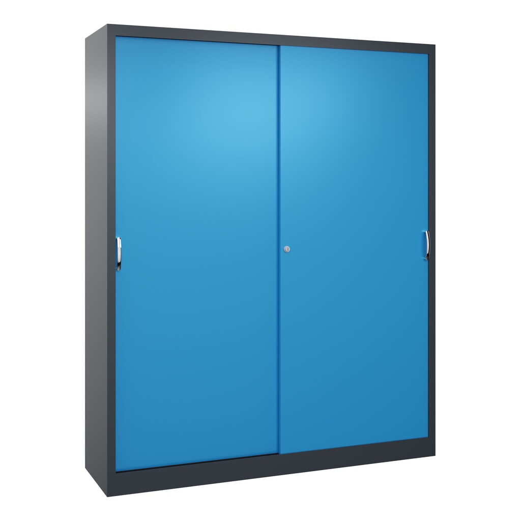 Armoire à portes coulissantes d’atelier C+P avec 8 tablettes, H x l x P 1 950 x 1 600 x 400 mm, cloison de séparation, gris anthracite, bleu clair Illustration du produit: Armoire à portes coulissantes d’atelier C+P avec 8 tablettes, H x l x P 1 950 x 1 600 x 400 mm, cloison de séparation, gris anthracite, bleu clair