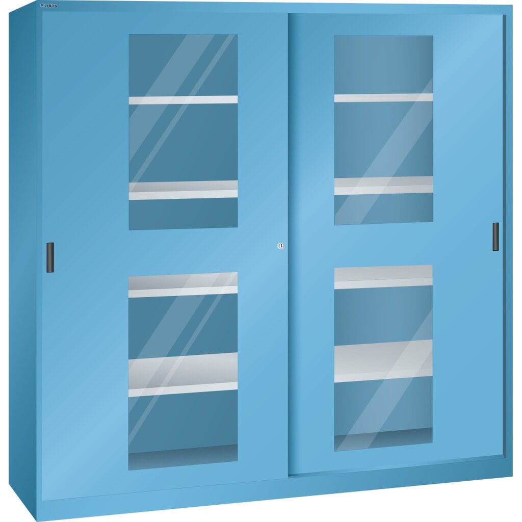 Armoire à portes coulissantes LISTA, (lxPxH) 2 000x400x1 950 mm, 8 étagères réglables, vitres transparentes, profondeur 400 mm, bleu clair Illustration du produit: Armoire à portes coulissantes LISTA, (lxPxH) 2 000x400x1 950 mm, 8 étagères réglables, vitres transparentes, profondeur 400 mm, bleu clair