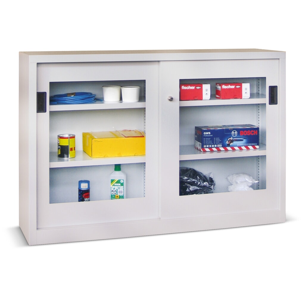 Illustration du produit: Armoire à portes coulissantes PAVOY avec regards + 2 tablettes, H x l x P 1 000 x 1 000 x 400 mm, gris clair, gris clair