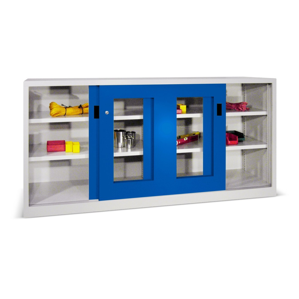 N° de l'image du produit 1 : Armoire à portes coulissantes PAVOY avec regards + 4 tablettes + cloison de séparation, H x l x P 1 000 x 2 000 x 400 mm, bleu gentiane, gris clair