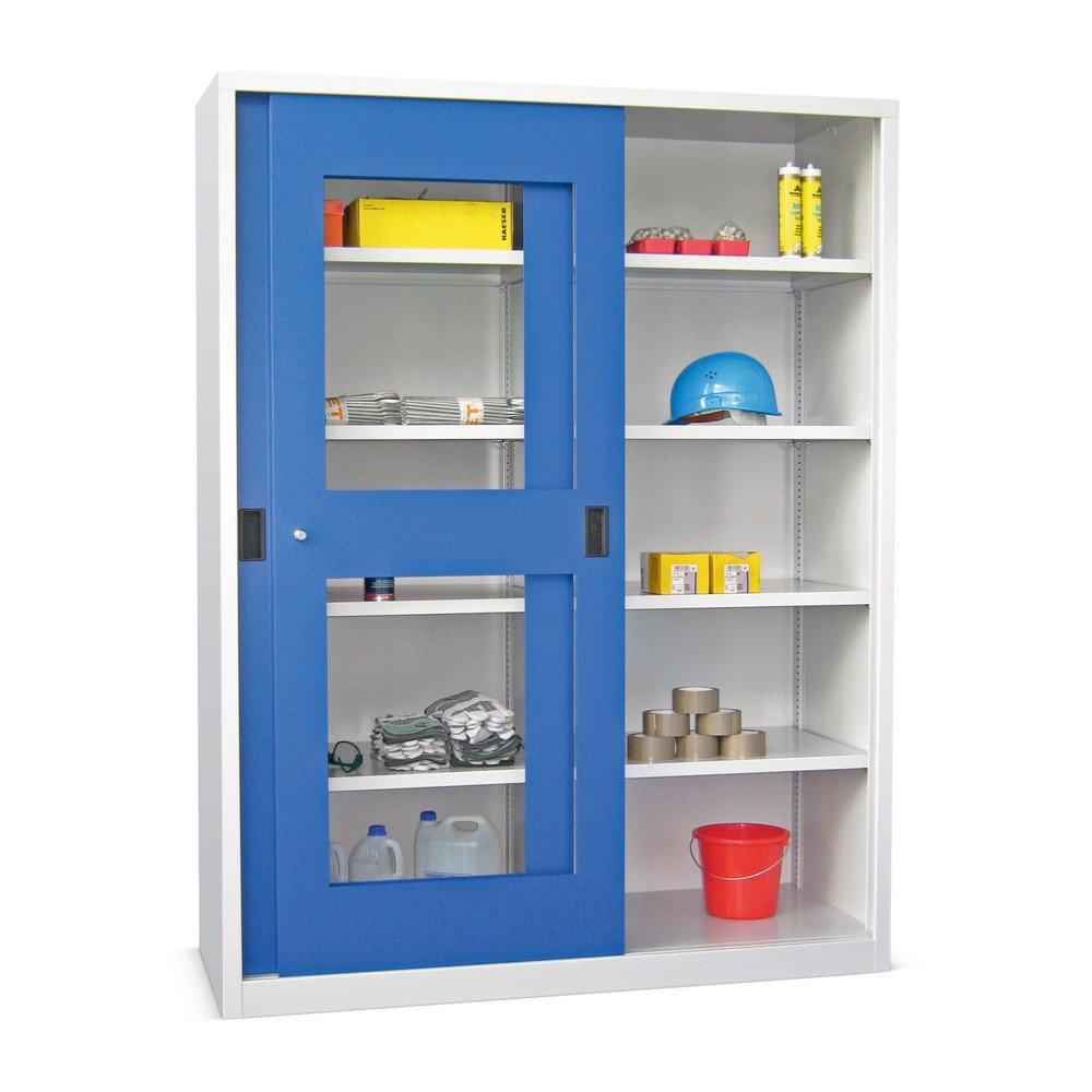 Illustration du produit: Armoire à portes coulissantes PAVOY avec regards + 8 tablettes + cloison de séparation, H x l x P 1 950 x 1 500 x 500 mm, bleu gentiane, gris clair