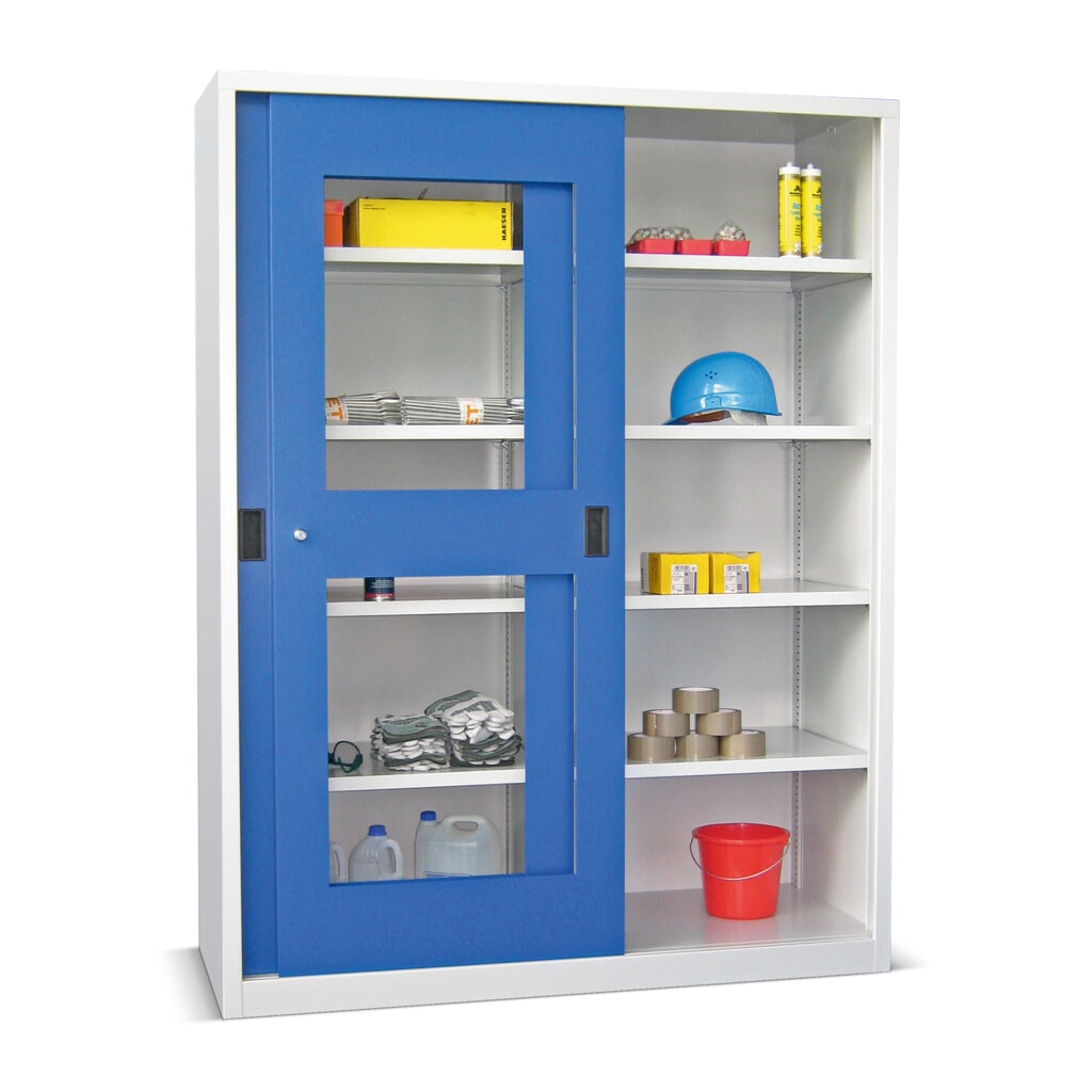 Illustration du produit: Armoire à portes coulissantes PAVOY avec regards + 8 tablettes + cloison de séparation, H x l x P 1 950 x 1 500 x 400 mm, bleu gentiane, gris clair