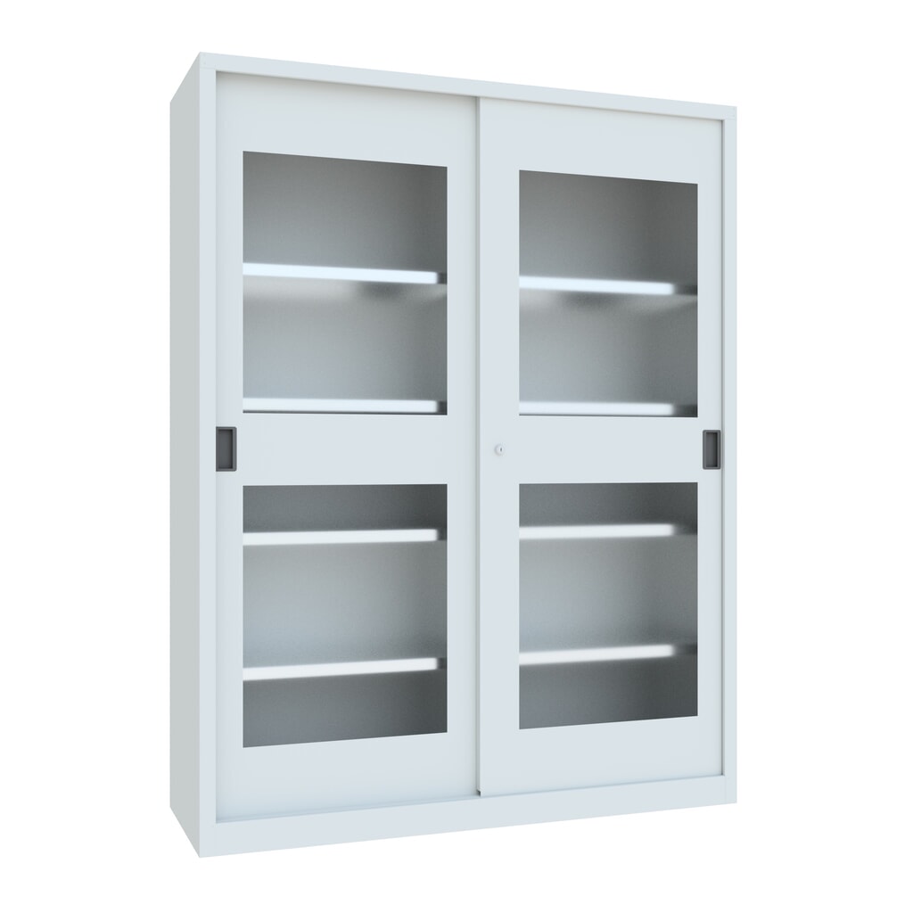 Illustration du produit: Armoire à portes coulissantes PAVOY avec regards + 8 tablettes + cloison de séparation, H x l x P 1 950 x 1 500 x 500 mm, gris clair, gris clair