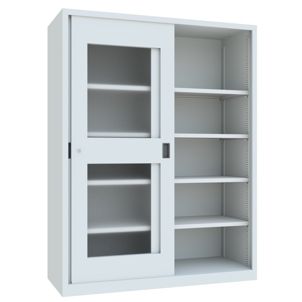 N° de l'image du produit 4 : Armoire à portes coulissantes PAVOY avec regards + 8 tablettes + cloison de séparation, H x l x P 1 950 x 1 500 x 600 mm, gris clair, gris clair