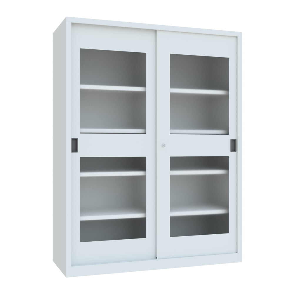N° de l'image du produit 1 : Armoire à portes coulissantes PAVOY avec regards + 8 tablettes + cloison de séparation, H x l x P 1 950 x 1 500 x 600 mm, gris clair, gris clair