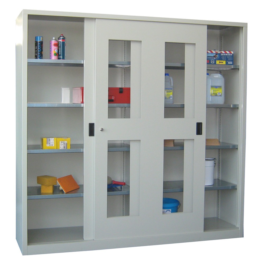 N° de l'image du produit 2 : Armoire à portes coulissantes PAVOY avec regards + 8 tablettes + cloison de séparation, H x l x P 1 950 x 2 000 x 400 mm, gris clair, gris clair