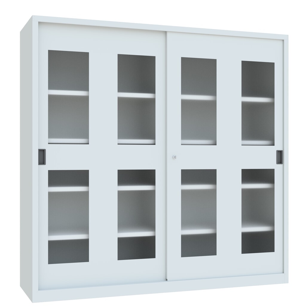 Armoire à portes coulissantes PAVOY avec regards + 8 tablettes + cloison de séparation, H x l x P 1 950 x 2 000 x 600 mm, gris clair, gris clair N° de l'image du produit 3 : Armoire à portes coulissantes PAVOY avec regards + 8 tablettes + cloison de séparation, H x l x P 1 950 x 2 000 x 600 mm, gris clair, gris clair