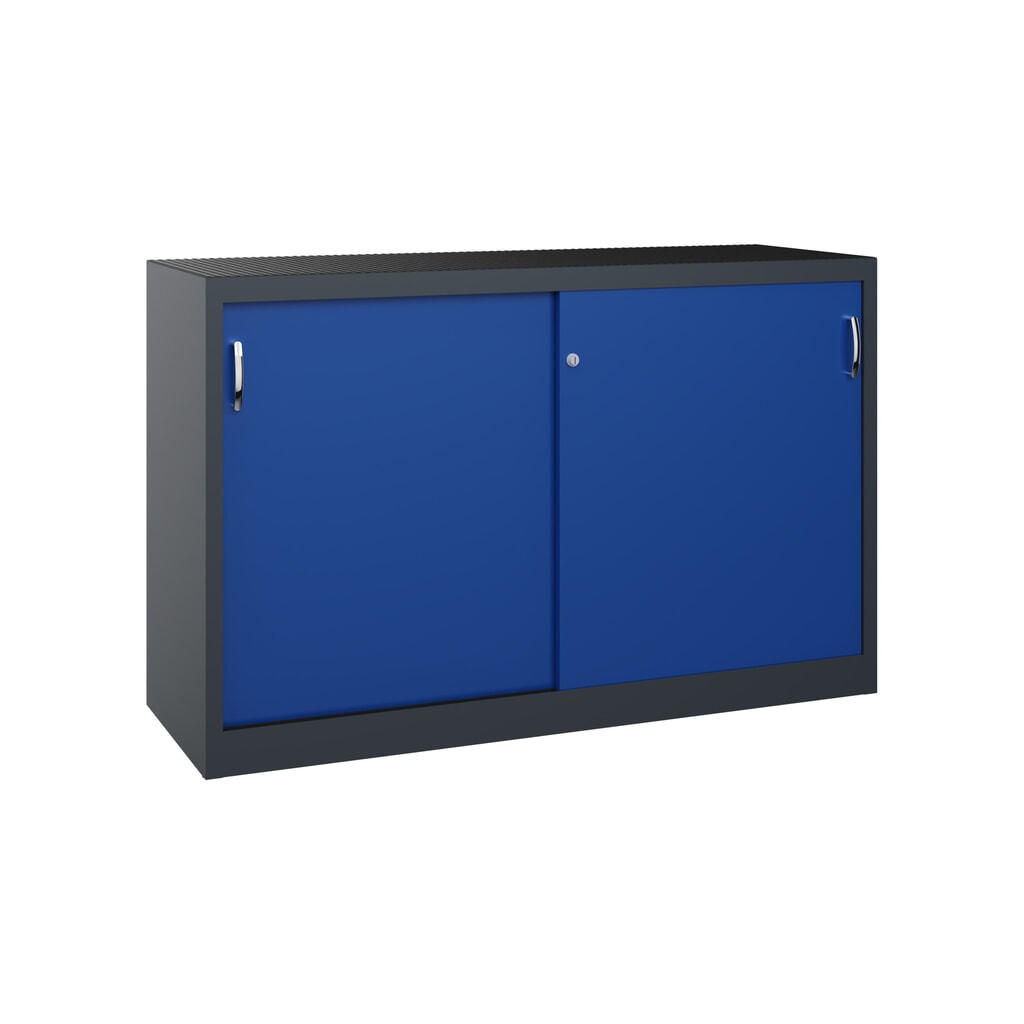 Armoire à portes coulissantes pour charges lourdes C+P, H x l x P 1 000 x 1 600 x 500 mm, gris anthracite, bleu gentiane Illustration du produit: Armoire à portes coulissantes pour charges lourdes C+P, H x l x P 1 000 x 1 600 x 500 mm, gris anthracite, bleu gentiane