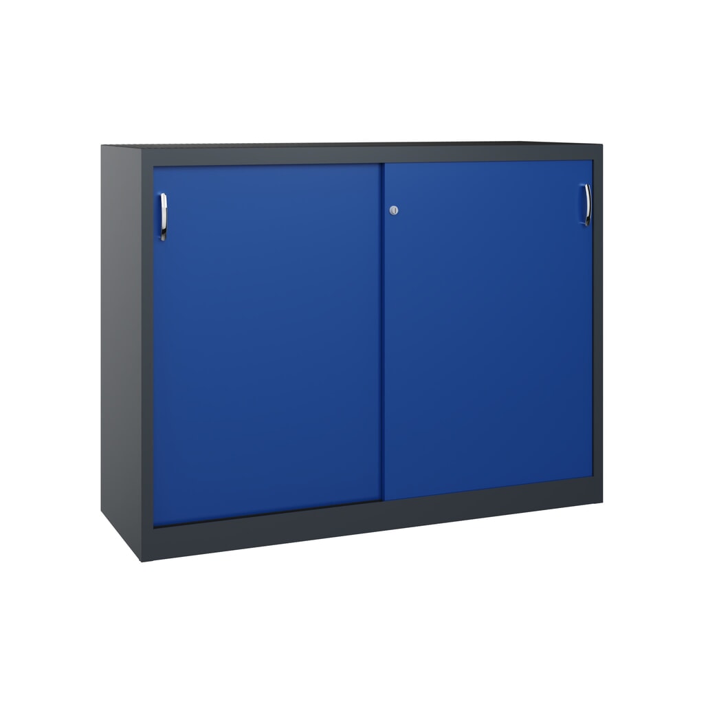 Armoire à portes coulissantes pour charges lourdes C+P, H x l x P 1 200 x 1 600 x 500 mm, gris anthracite, bleu gentiane Illustration du produit: Armoire à portes coulissantes pour charges lourdes C+P, H x l x P 1 200 x 1 600 x 500 mm, gris anthracite, bleu gentiane