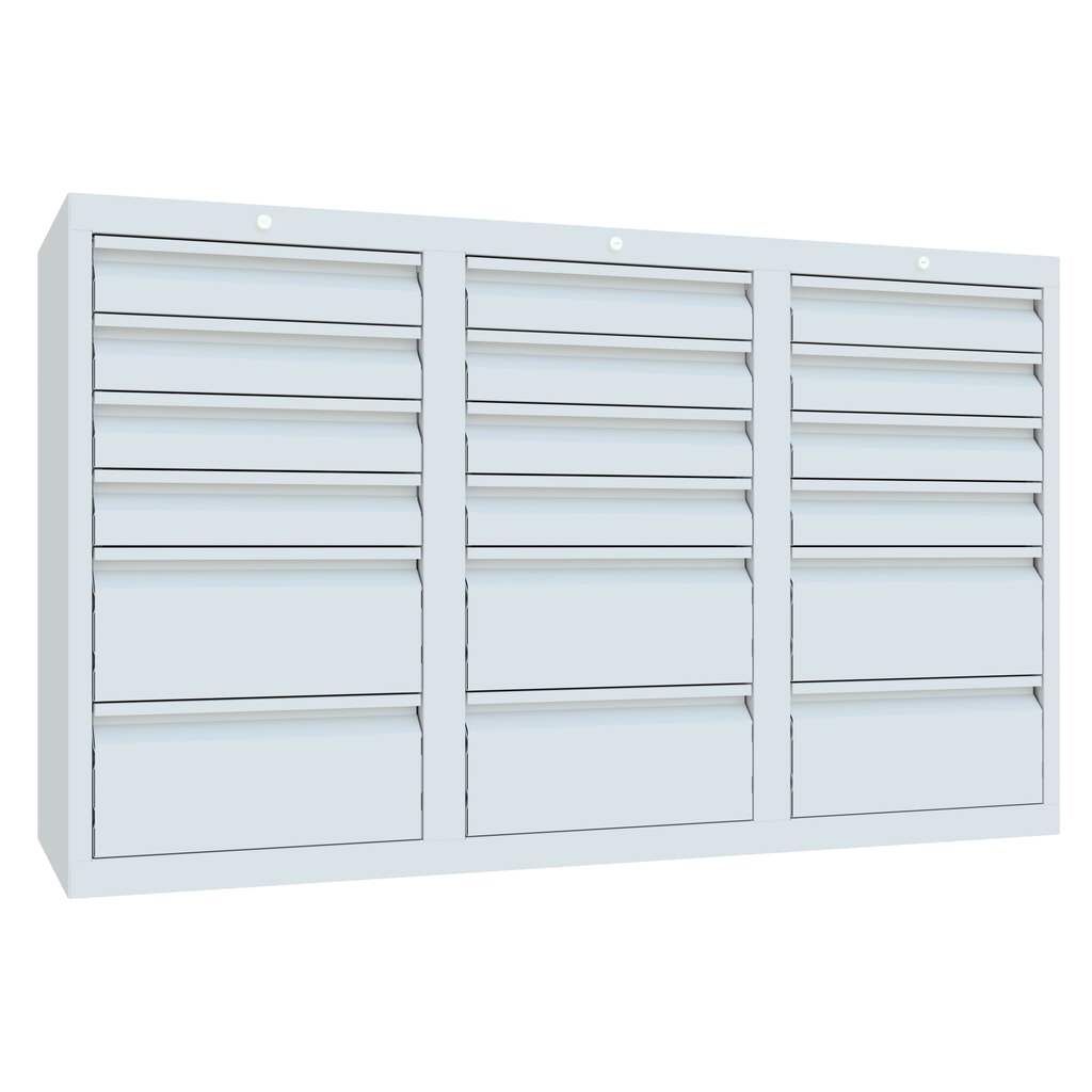 Armoire à tiroirs légère PAVOY, guidage à coulissement, tiroirs 12 x 100 mm + 6 x 200 mm, largeur 1 500 m, gris clair, gris clair Illustration du produit: Armoire à tiroirs légère PAVOY, guidage à coulissement, tiroirs 12 x 100 mm + 6 x 200 mm, largeur 1 500 m, gris clair, gris clair