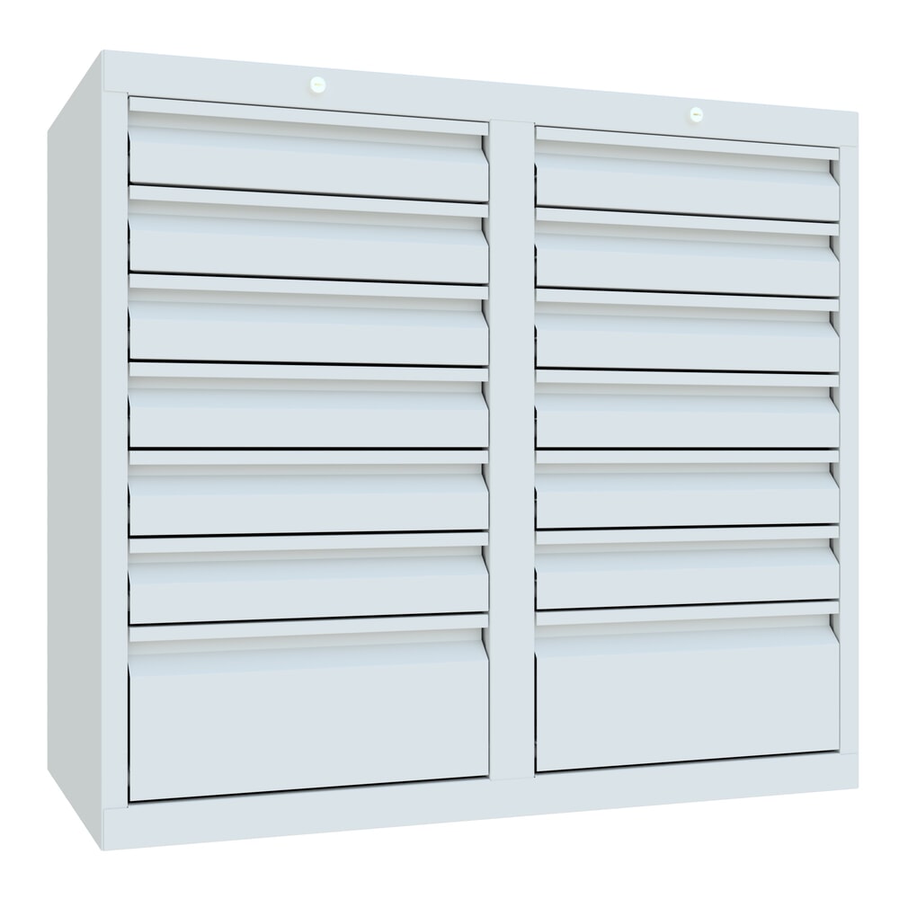 Illustration du produit: Armoire à tiroirs légère PAVOY, guidage à galets, tiroirs 12 x 100 mm + 2 x 200 mm, largeur 1 000 mm, gris clair, gris clair