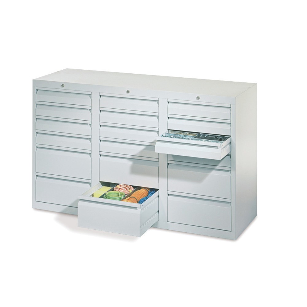 N° de l'image du produit 1 : Armoire à tiroirs légère PAVOY, guidage à galets, tiroirs 18 x 100 mm + 3 x 200 mm, largeur 1 500 mm, gris clair, gris clair