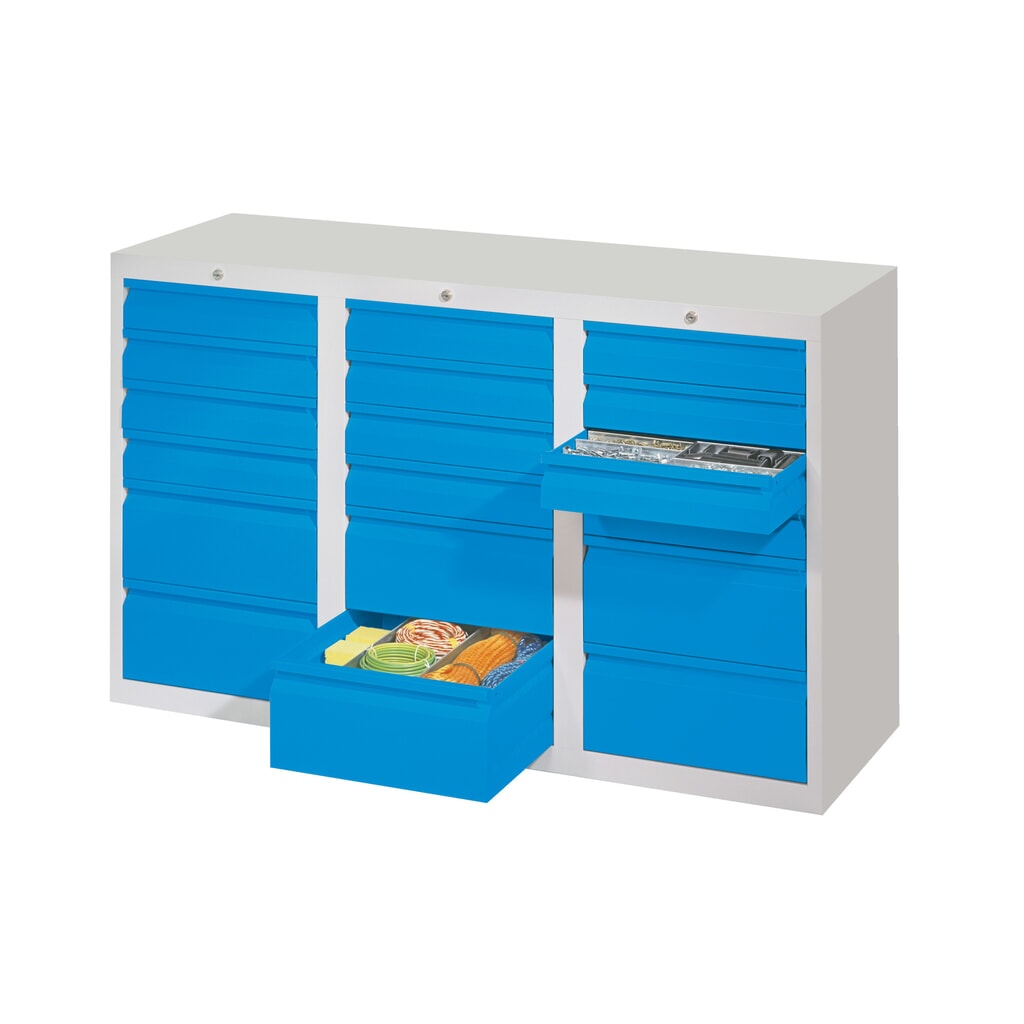 N° de l'image du produit 2 : Armoire à tiroirs légère PAVOY, guidage à coulissement, tiroirs 12 x 100 mm + 6 x 200 mm, largeur 1 500 m, rouge feu, gris clair