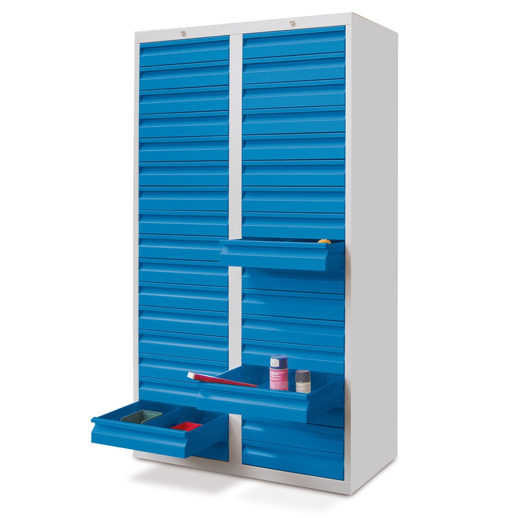 Illustration du produit: Armoire à tiroirs légère PAVOY, guidage à galets, tiroirs 30 x 100 mm + 2 x 200 mm, largeur 1 000 mm, bleu gentiane, gris clair