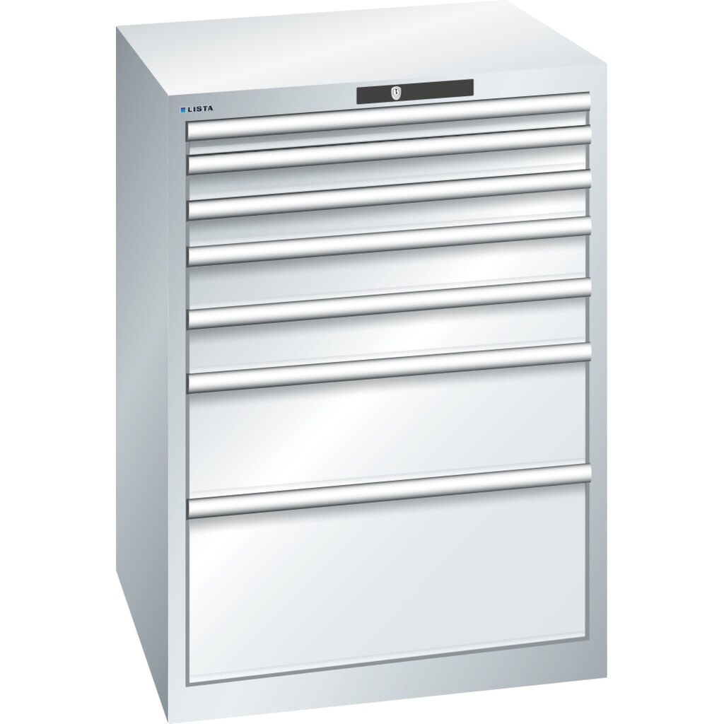 Armoire à tiroirs LISTA 36x36E, (lxPxH) 717x725x1 000 mm, 7 tiroirs, hauteurs de façade 50-300 mm, gris clair, KEY Lock Illustration du produit: Armoire à tiroirs LISTA 36x36E, (lxPxH) 717x725x1 000 mm, 7 tiroirs, hauteurs de façade 50-300 mm, gris clair, KEY Lock