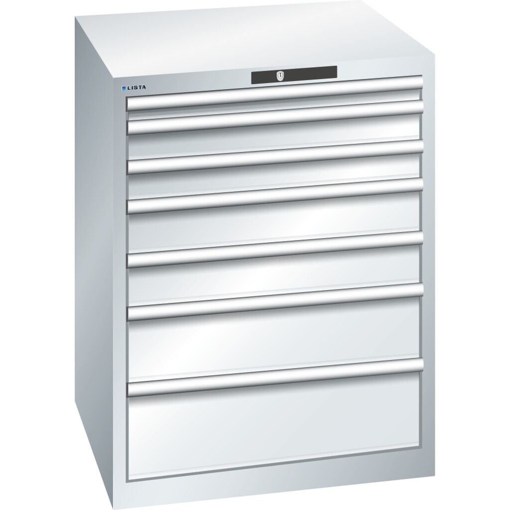 Armoire à tiroirs LISTA 36x36E, (lxPxH) 717x725x850 mm, 7 tiroirs, hauteurs de façade 50-200 mm, gris clair, KEY Lock Illustration du produit: Armoire à tiroirs LISTA 36x36E, (lxPxH) 717x725x850 mm, 7 tiroirs, hauteurs de façade 50-200 mm, gris clair, KEY Lock