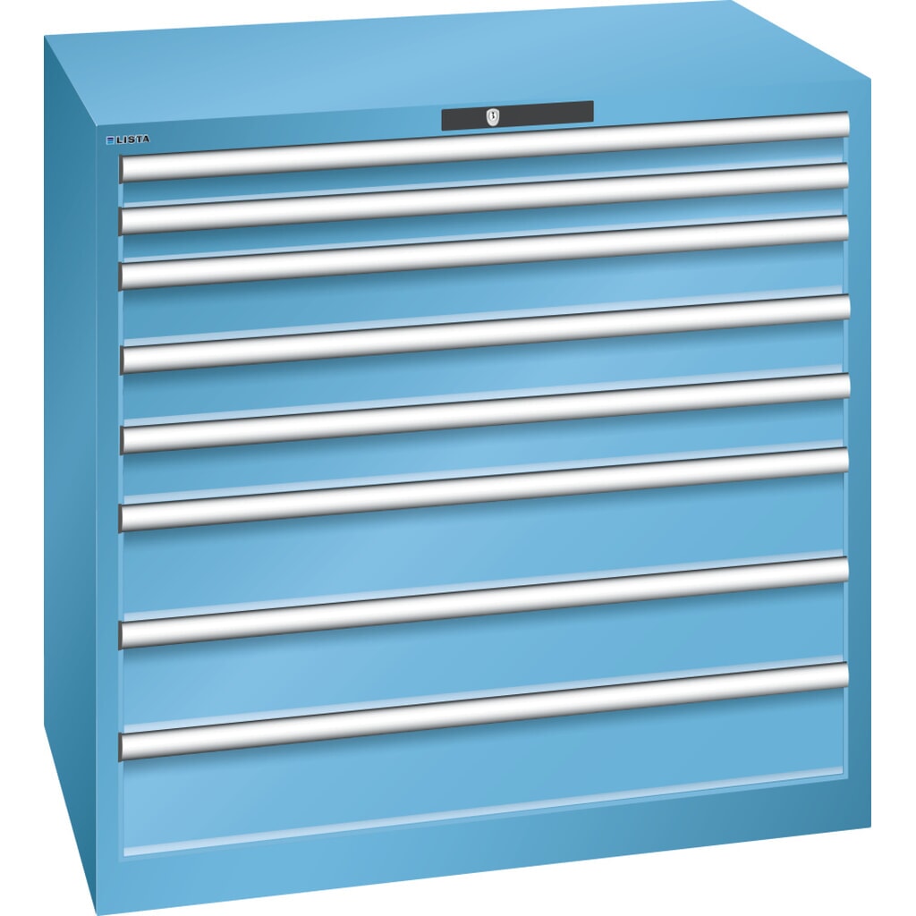 Illustration du produit: Armoire à tiroirs LISTA 54x36E, (lxPxH) 1 023x725x1 000 mm, 8 tiroirs, 2 x 75 / 3 x 100 / 3 x 150, bleu clair, KEY Lock