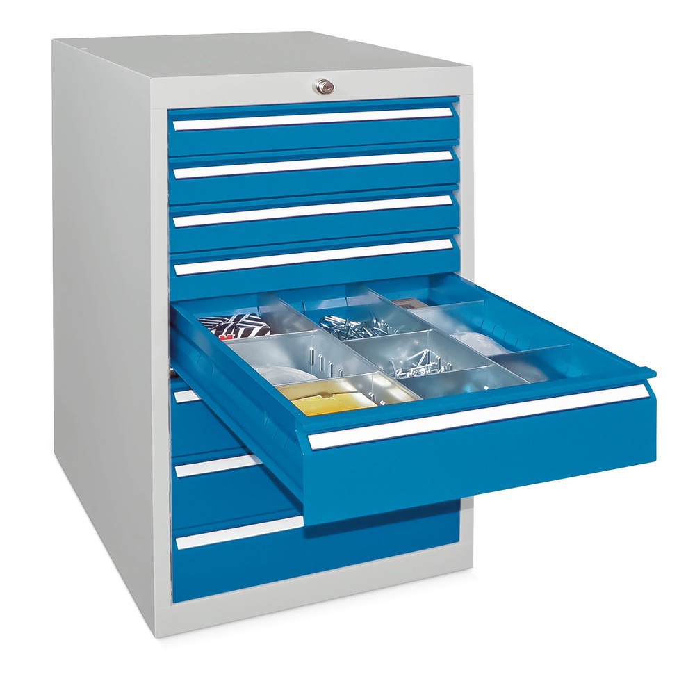 N° de l'image du produit 1 : Armoire à tiroirs PAVOY, hauteur 1 000 mm, tiroirs 7 x 100 mm + 1 x 200 mm, largeur 500 mm, gris clair, bleu gentiane