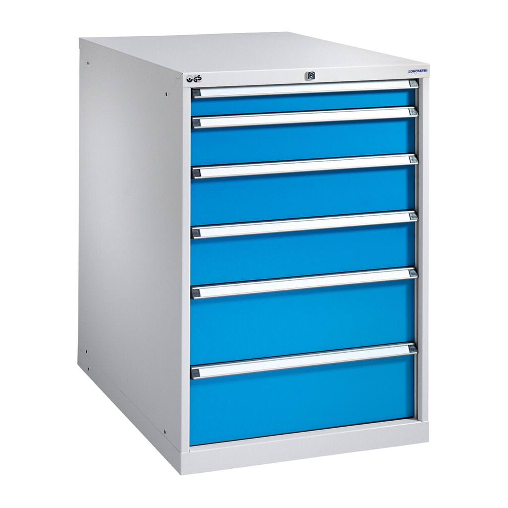 Armoire à tiroirs PAVOY, hauteur 1 000 mm, tiroirs 6 x 150 mm, largeur 715 mm, gris clair, bleu clair Illustration du produit: Armoire à tiroirs PAVOY, hauteur 1 000 mm, tiroirs 6 x 150 mm, largeur 715 mm, gris clair, bleu clair