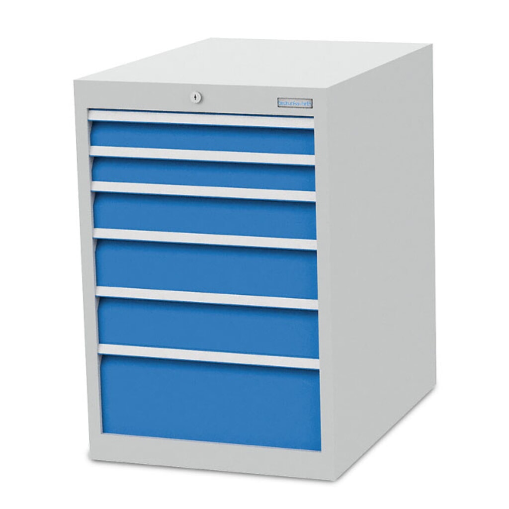 N° de l'image du produit 1 : Armoire à tiroirs R 18-24 Bedrunka+Hirth, H x l x P 819 x 555 x 736 mm, gris clair, bleu clair, 6 tiroirs 2 x 75 + 1 x 100 + 2 x 125 + 1 x 200 mm