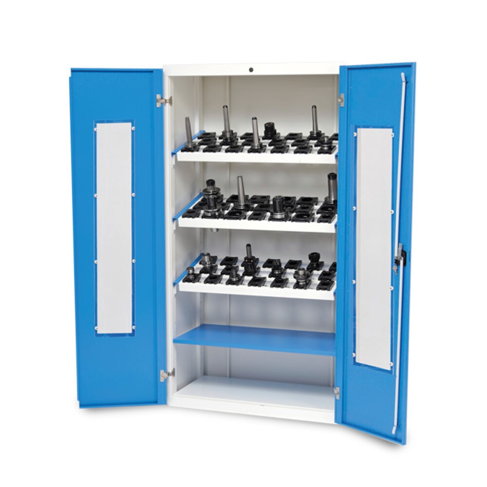 N° de l'image du produit 1 : Armoire à vitrines CNC Bedrunka+Hirth, H x l x P 1 838 x 980 x 500 mm, gris clair, bleu clair, avec 3 cadres porte-outils CNC, 1 tablette