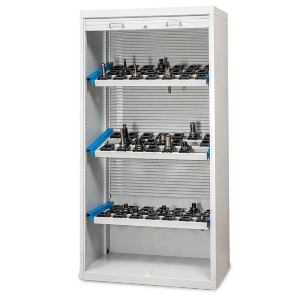Illustration du produit: Armoire à volet roulant CNC Bedrunka+Hirth, gris clair, avec 3 cadres porte-outils CNC, volet roulant en plastique