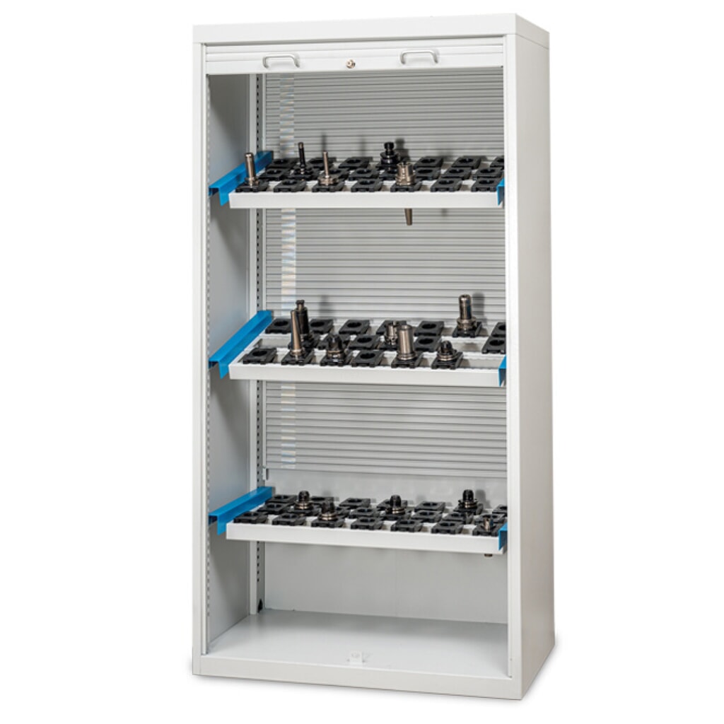 Illustration du produit: Armoire à volet roulant CNC Bedrunka+Hirth, gris clair, avec 3 cadres porte-outils CNC, volet roulant en plastique