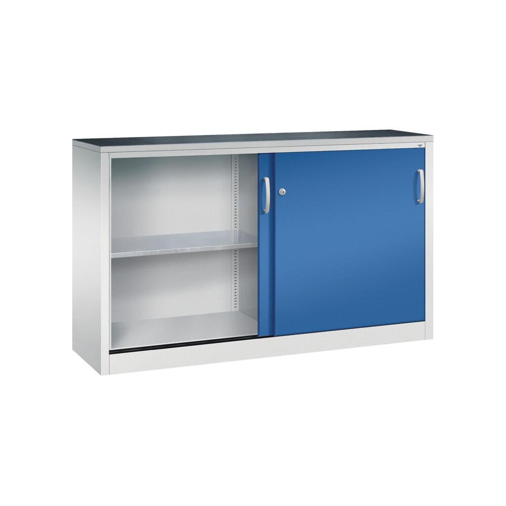 N° de l'image du produit 4 : Armoire d’appoint d’atelier C+P avec 2 tablettes, H x l x P 1 000 x 1 600 x 400 mm, cloison de séparation, gris clair, bleu gentiane